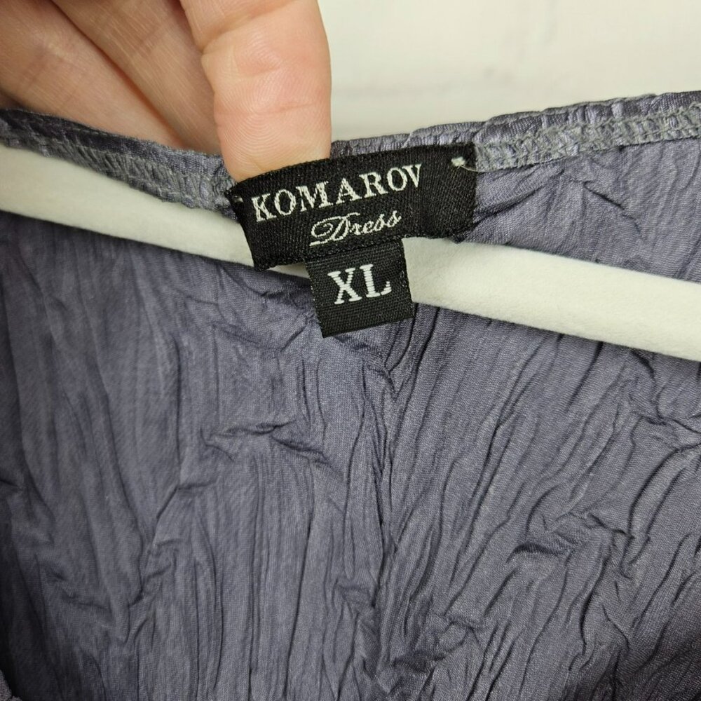 Komarov XL Beaded V-Neck Fairy Crinkle Dress Purple Satin Handkerchief Midi - Picture 3 of 13